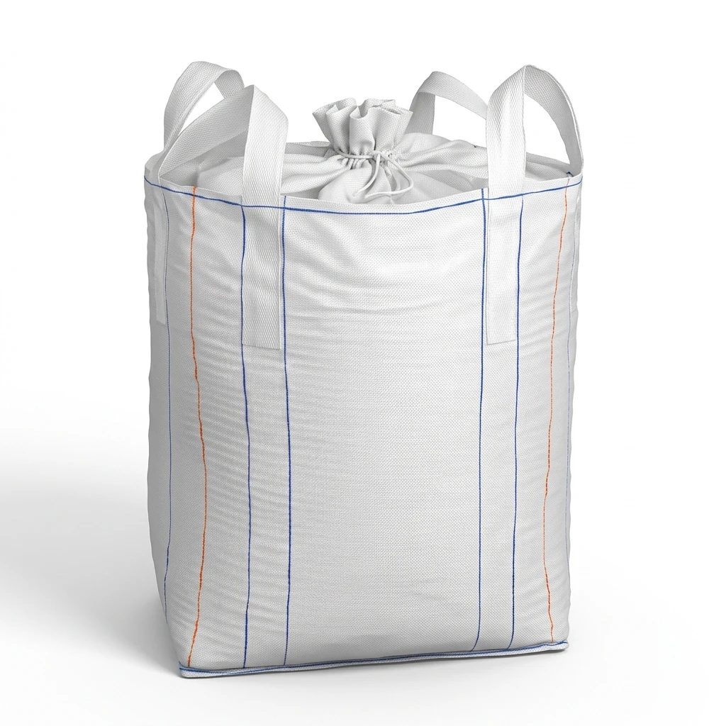 Circular FIBC jumbo bulk bag with top fill spout on white background