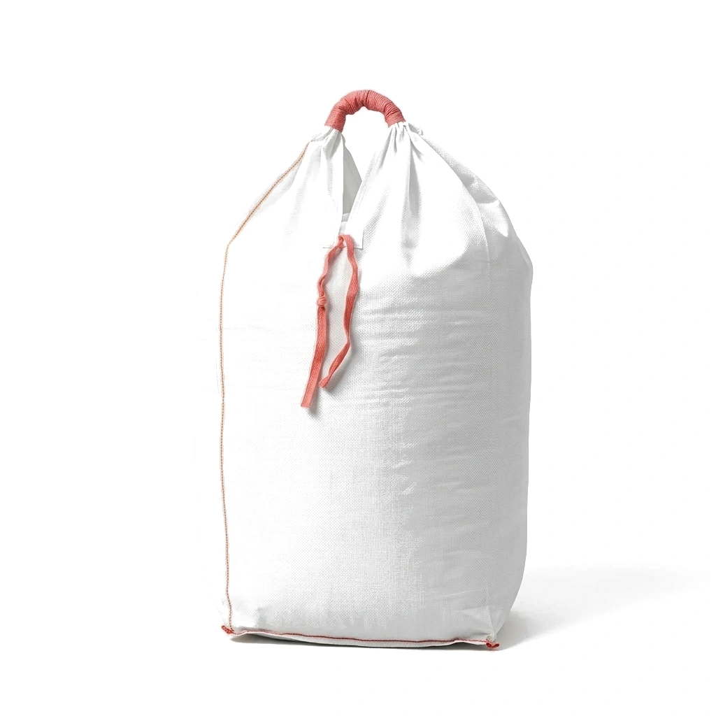 Single loop FIBC bag with central top lifting sleeve on plain white background
